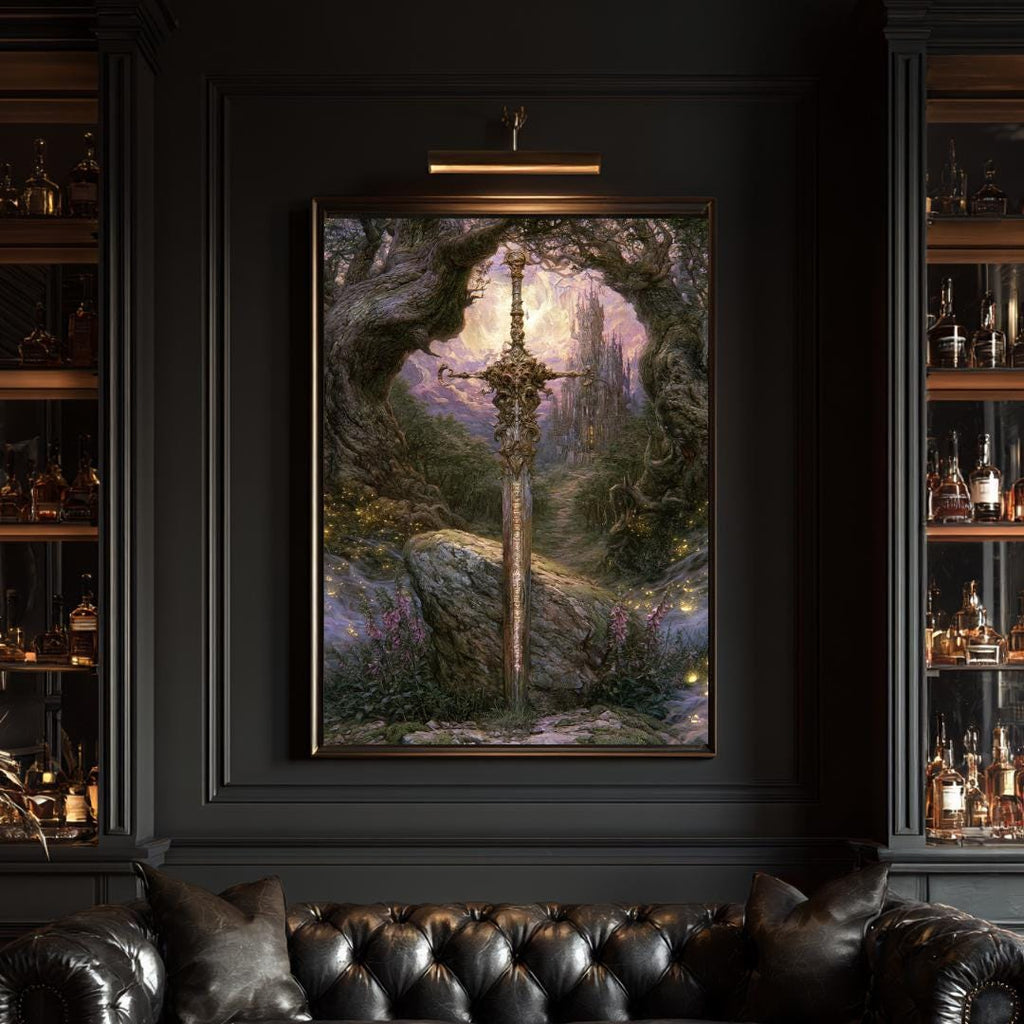 Fantasy Sword Wall Art, Medieval Castle Decor, Gothic Knight Artwork, Dark Academia Print