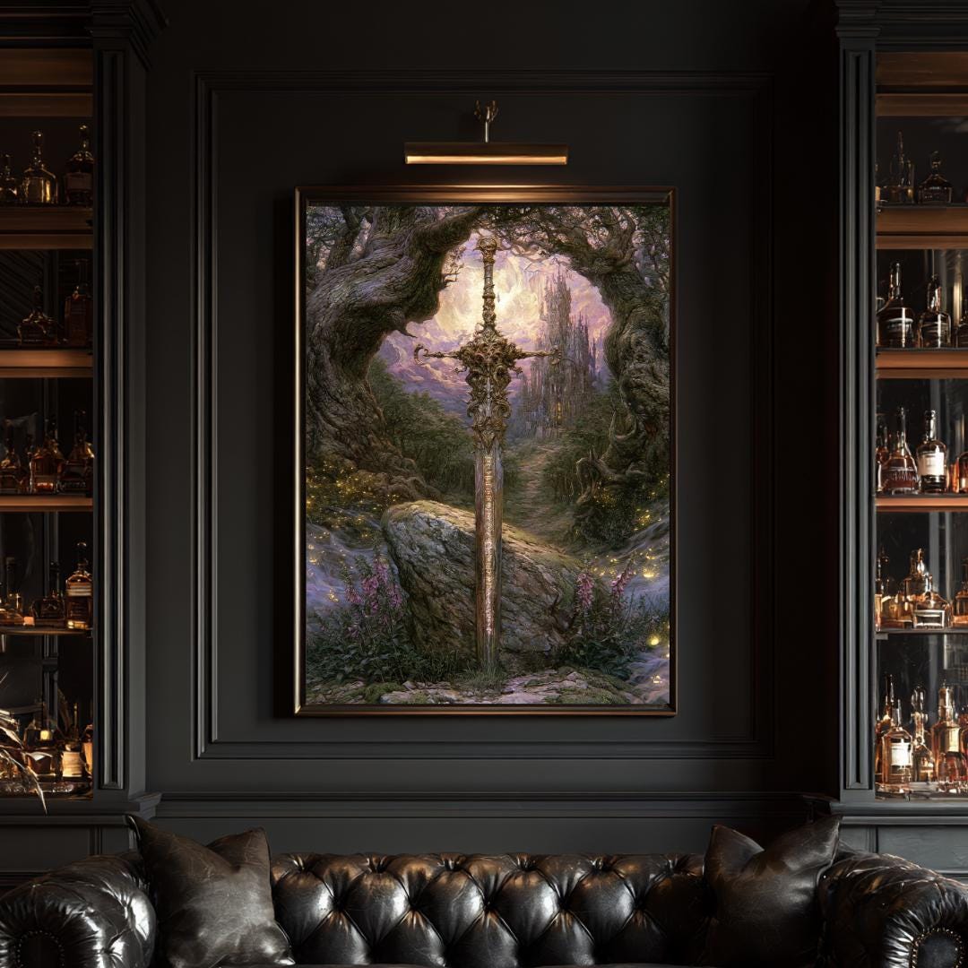 Fantasy Sword Wall Art, Medieval Castle Decor, Gothic Knight Artwork, Dark Academia Print