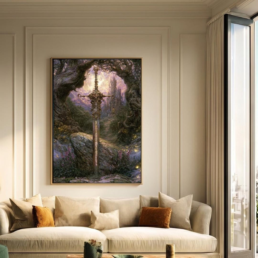 Fantasy Sword Wall Art, Medieval Castle Decor, Gothic Knight Artwork, Dark Academia Print