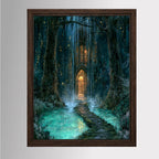 Forest Library Behind Waterfall Hidden Door Wall Art, Magical Woodland Print, Gothic Fairytale Decor
