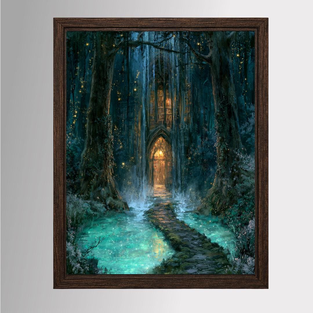 Forest Library Behind Waterfall Hidden Door Wall Art, Magical Woodland Print, Gothic Fairytale Decor