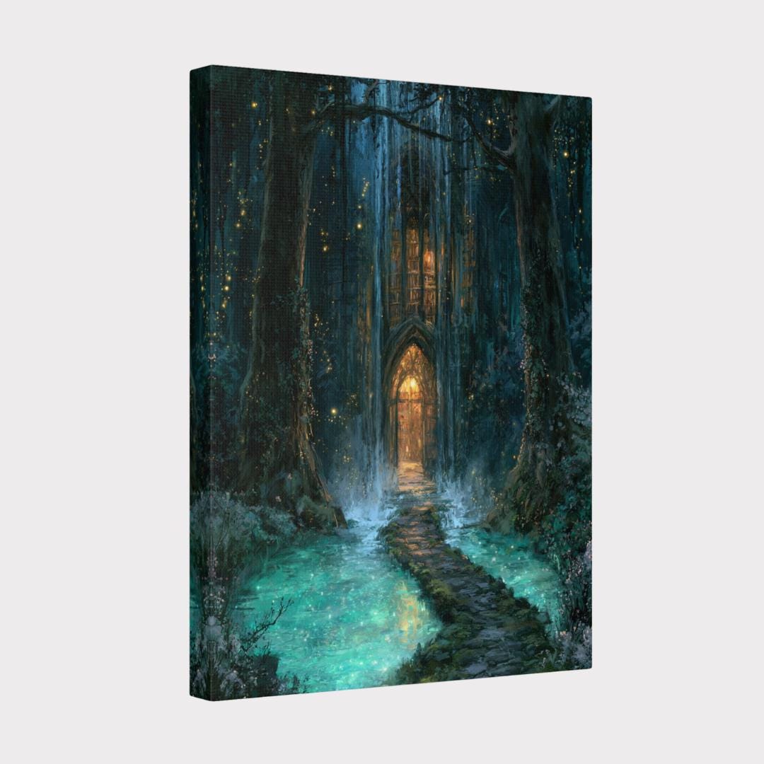Forest Library Behind Waterfall Hidden Door Wall Art, Magical Woodland Print, Gothic Fairytale Decor