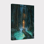 Forest Library Behind Waterfall Hidden Door Wall Art, Magical Woodland Print, Gothic Fairytale Decor