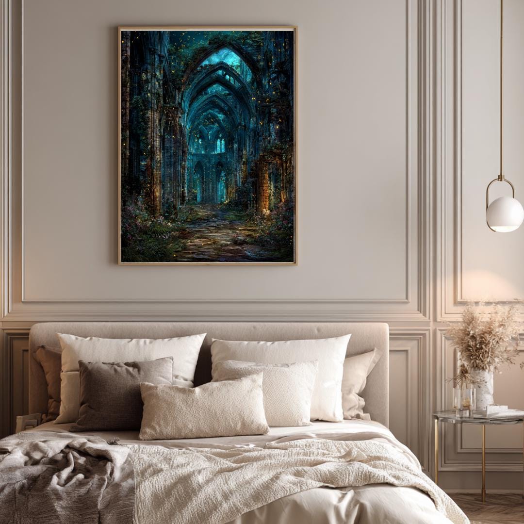 Cathedral Ruins Wall Art, Enchanted Derelict Church Print, Dark Academia Romantic Victorian Artwork