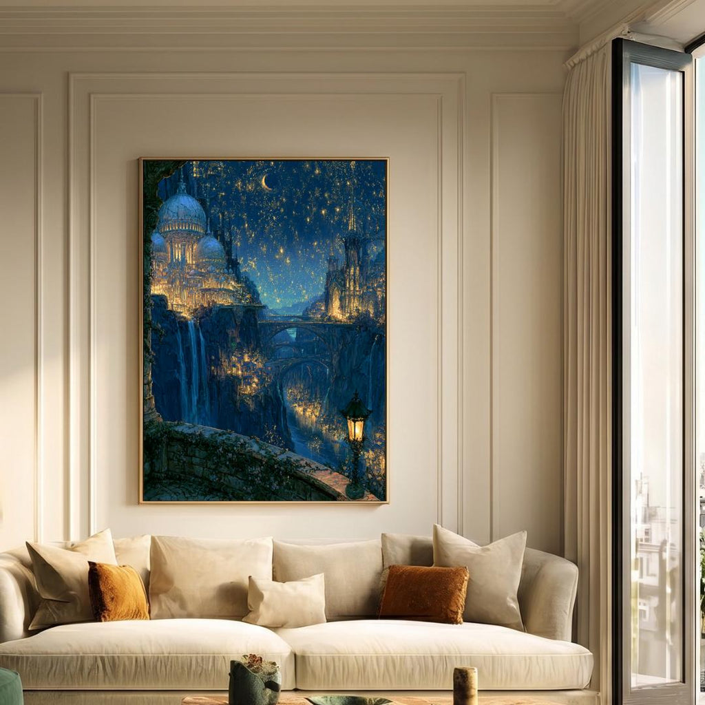 Moonlit Celestial City Wall Art, Fantasy Castle Print, Dark Academia Decor, Enchanted Romantasy Nightscape