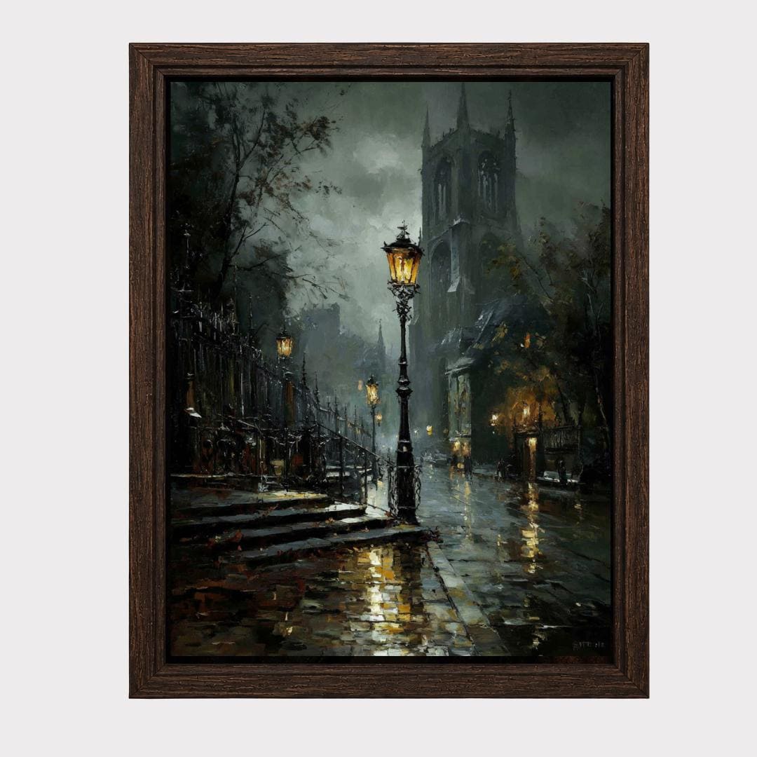 Victorian London Street Art Print, Gothic Cathedral, Rainy Cobblestone Decor