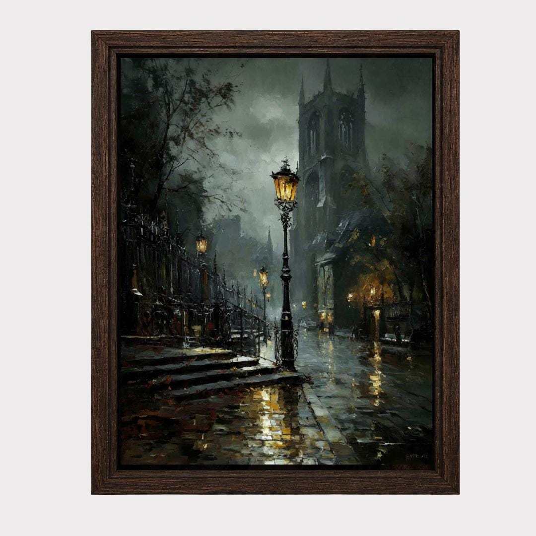 Victorian London Street Art Print, Gothic Cathedral, Rainy Cobblestone Decor