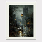 Victorian London Street Art Print, Gothic Cathedral, Rainy Cobblestone Decor