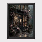 Dark Bookshop Art Print, Romantic Vintage Library Wall Art with Pink Climbing Roses