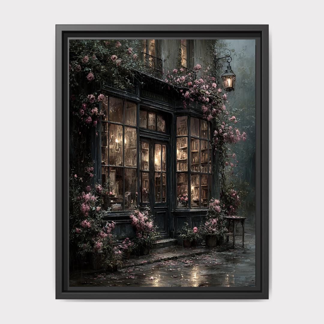 Dark Bookshop Art Print, Romantic Vintage Library Wall Art with Pink Climbing Roses