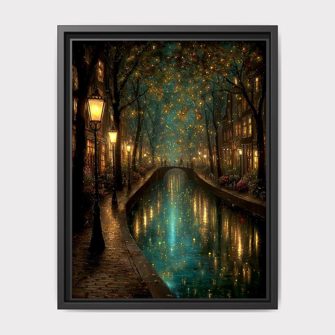 Canal Path Nightime Scene Print Glowing Firefly Oil Painting Style Golden Lantern Lit Reflections