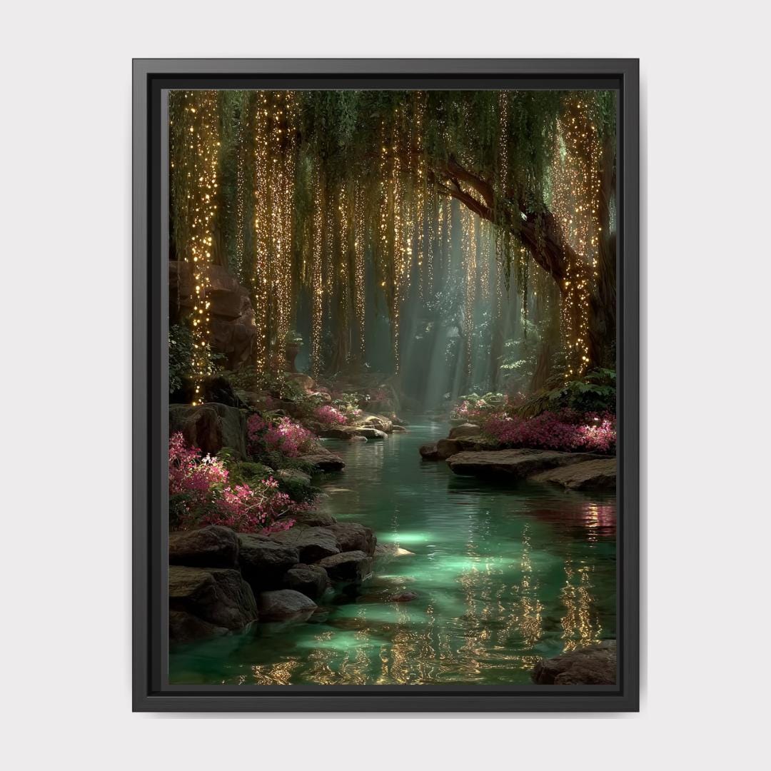 Golden Willow Forest Print, Fairy Light River Wall Art, Enchanted Tree Mystical Green Landscape Main image