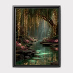 Golden Willow Forest Print, Fairy Light River Wall Art, Enchanted Tree Mystical Green Landscape
