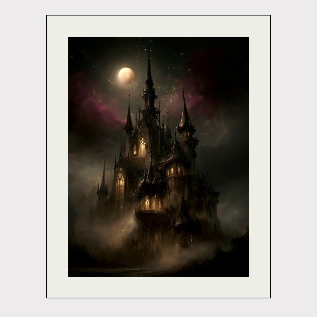 Gothic Castle in Clouds Wall Art, Dark Fantasy Moonlit Cathedral Print, Medieval Gothic Decor