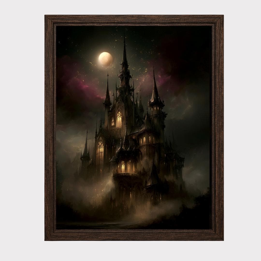 Gothic Castle in Clouds Wall Art, Dark Fantasy Moonlit Cathedral Print, Medieval Gothic Decor