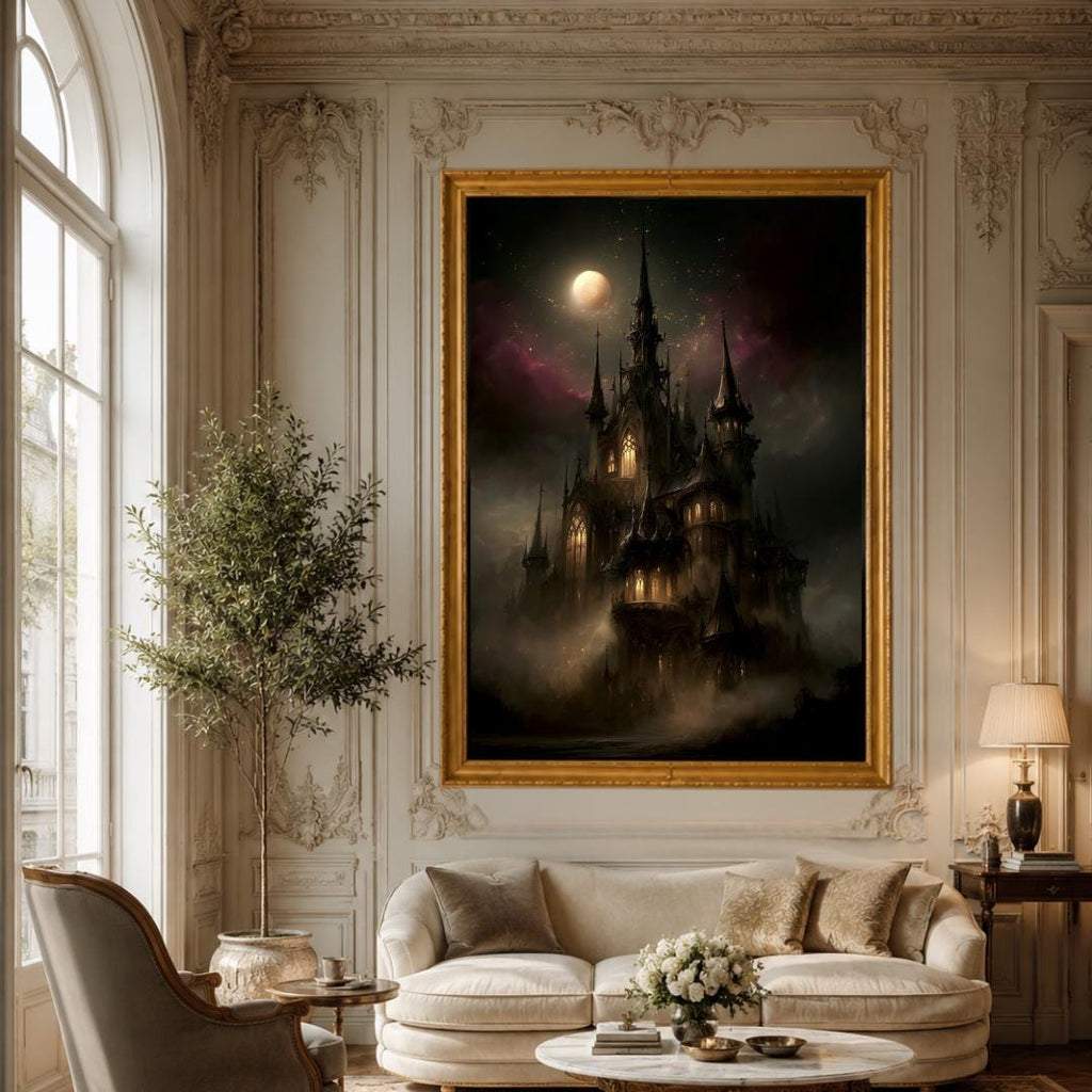 Gothic Castle in Clouds Wall Art, Dark Fantasy Moonlit Cathedral Print, Medieval Gothic Decor