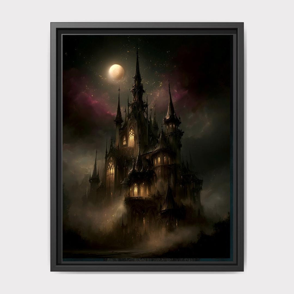Gothic Castle in Clouds Wall Art, Dark Fantasy Moonlit Cathedral Print, Medieval Gothic Decor
