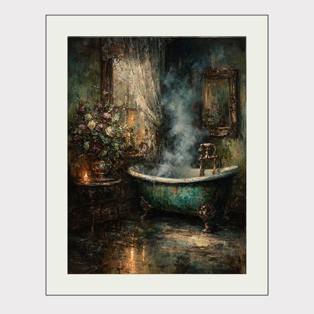 Clawfoot Tub Art Print, Dark Romantic Bathroom Candle Scene, Baroque Style
