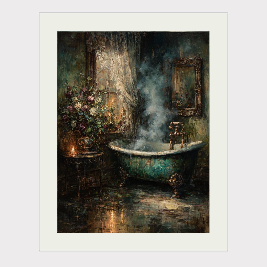 Clawfoot Tub Art Print, Dark Romantic Bathroom Candle Scene, Baroque Style