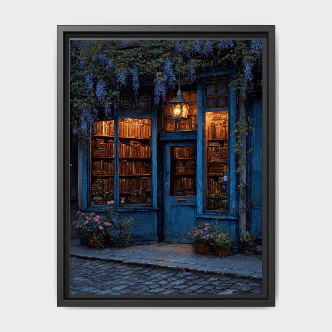 Blue Bookstore Art Print, Cozy Library Storefront Wall Art, Vintage Bookshop Oil Painting Style Main image