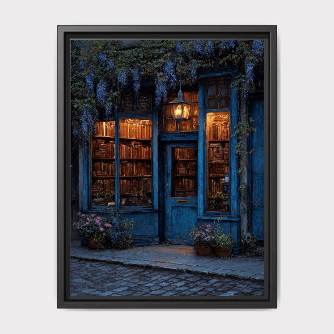 Blue Bookstore Art Print, Cozy Library Storefront Wall Art, Vintage Bookshop Oil Painting Style Main image