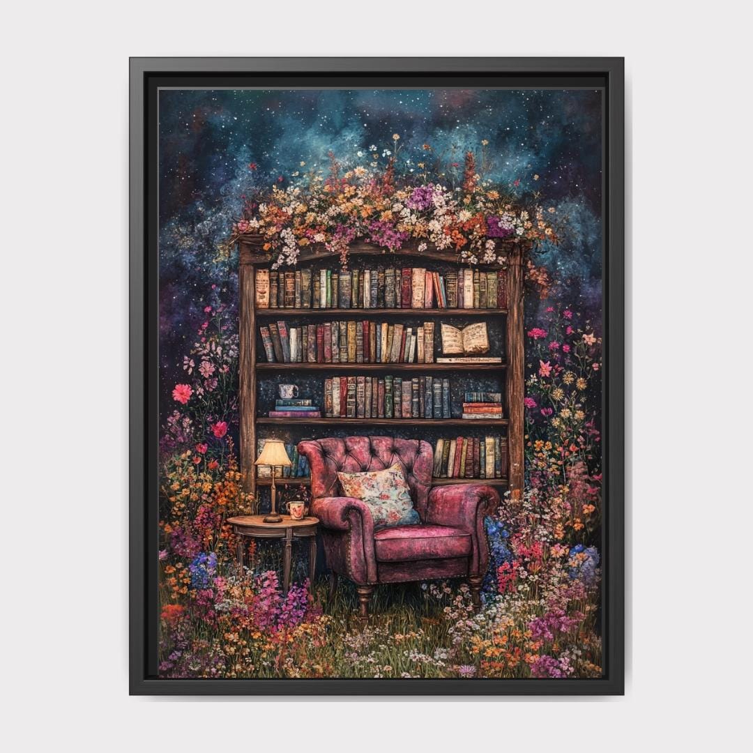 Bookcase in Garden Floral Library Art Print, Reading Nook, Cottagecore Bookworm Whimsical Oil Painting Main image