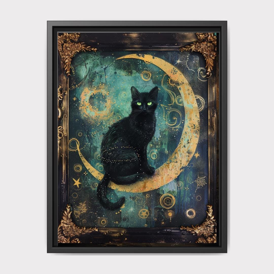 Celestial Black Cat Art Print, Gothic Moon Decor