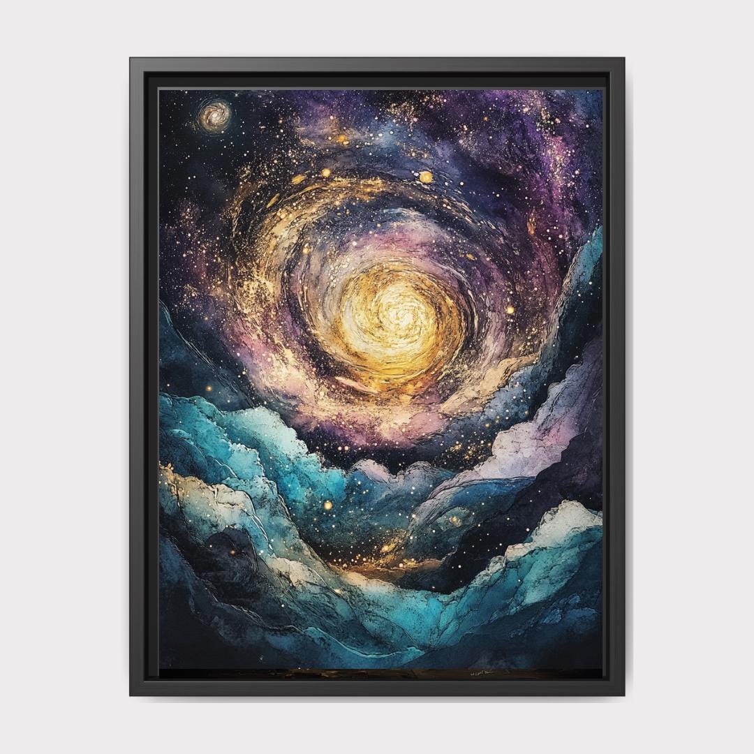Celestial Galaxy Canvas Print, Sun, Moons, Stars Cosmic Wall Art Painting