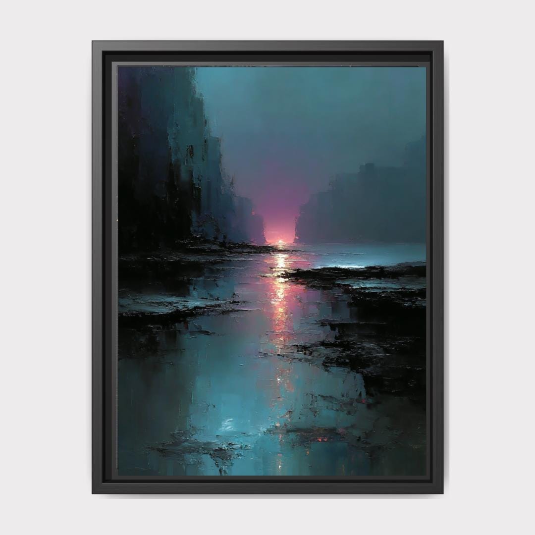 Moody Abstract Sunset Landscape Print, Dark Coastal Wall Art, Teal Pink Water Reflection Painting