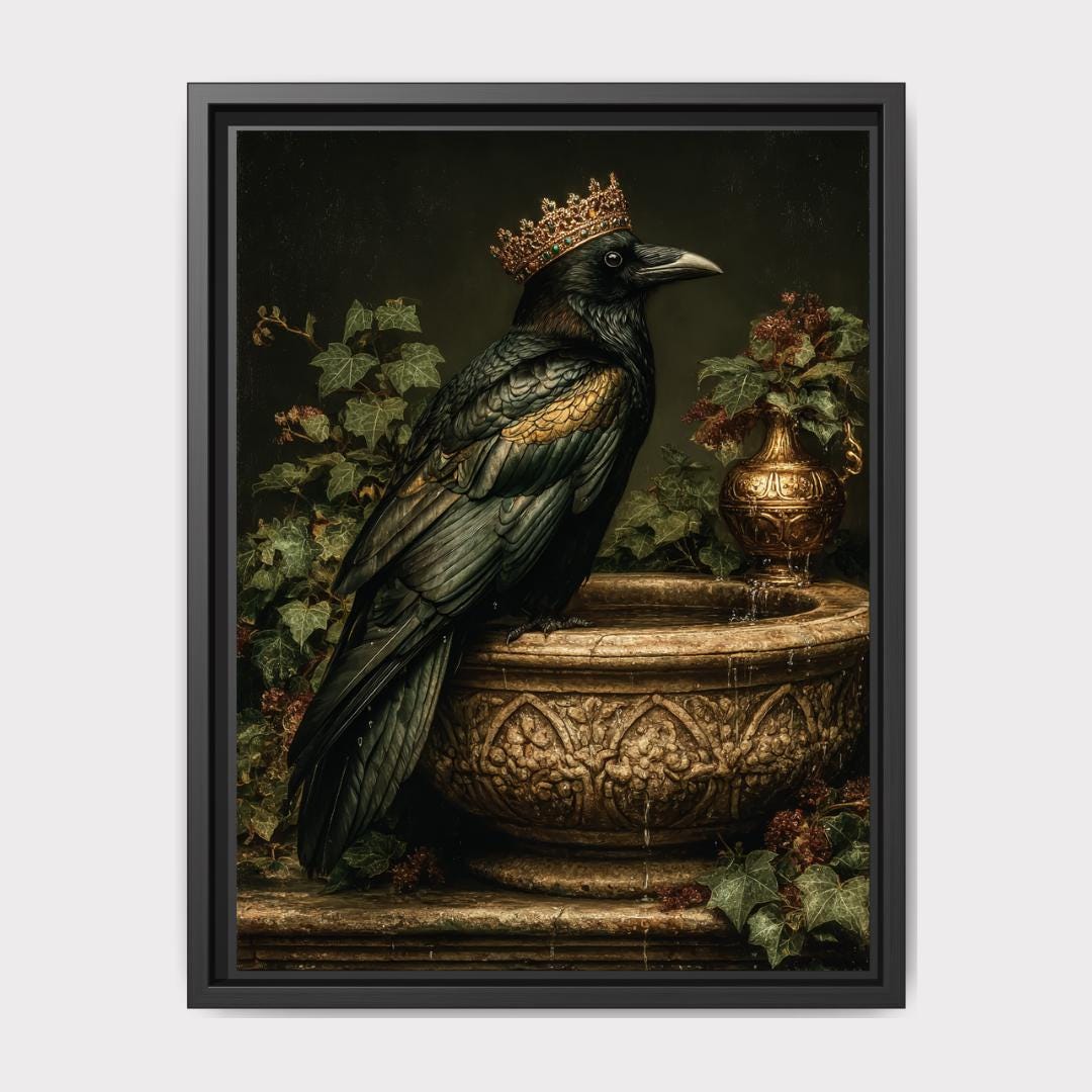 Emerald Raven With Crown on Stone Bird Bath Gothic Wall Art Canvas Print Main image