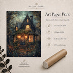 Enchanted Fairy Tale Stone Cottage Art Print Romantic Victorian Forest House Golden Lamplight Painting