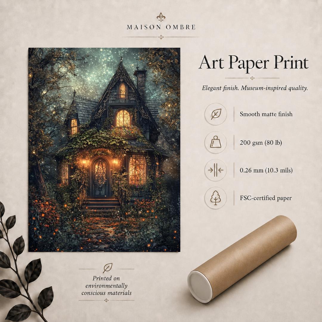 Enchanted Fairy Tale Stone Cottage Art Print Romantic Victorian Forest House Golden Lamplight Painting