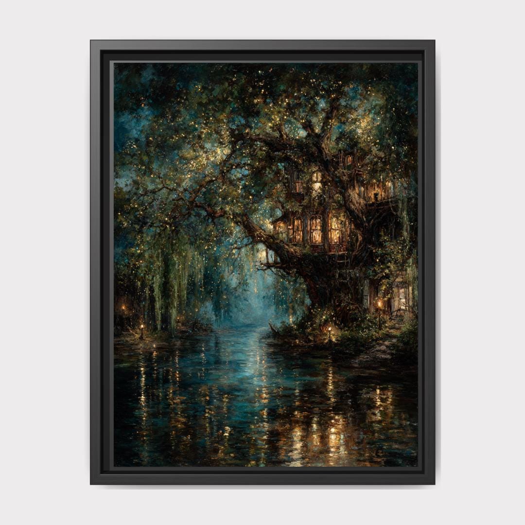 Enchanted Treehouse Art Print: Mystical Willow River, Fantasy Decor Main image