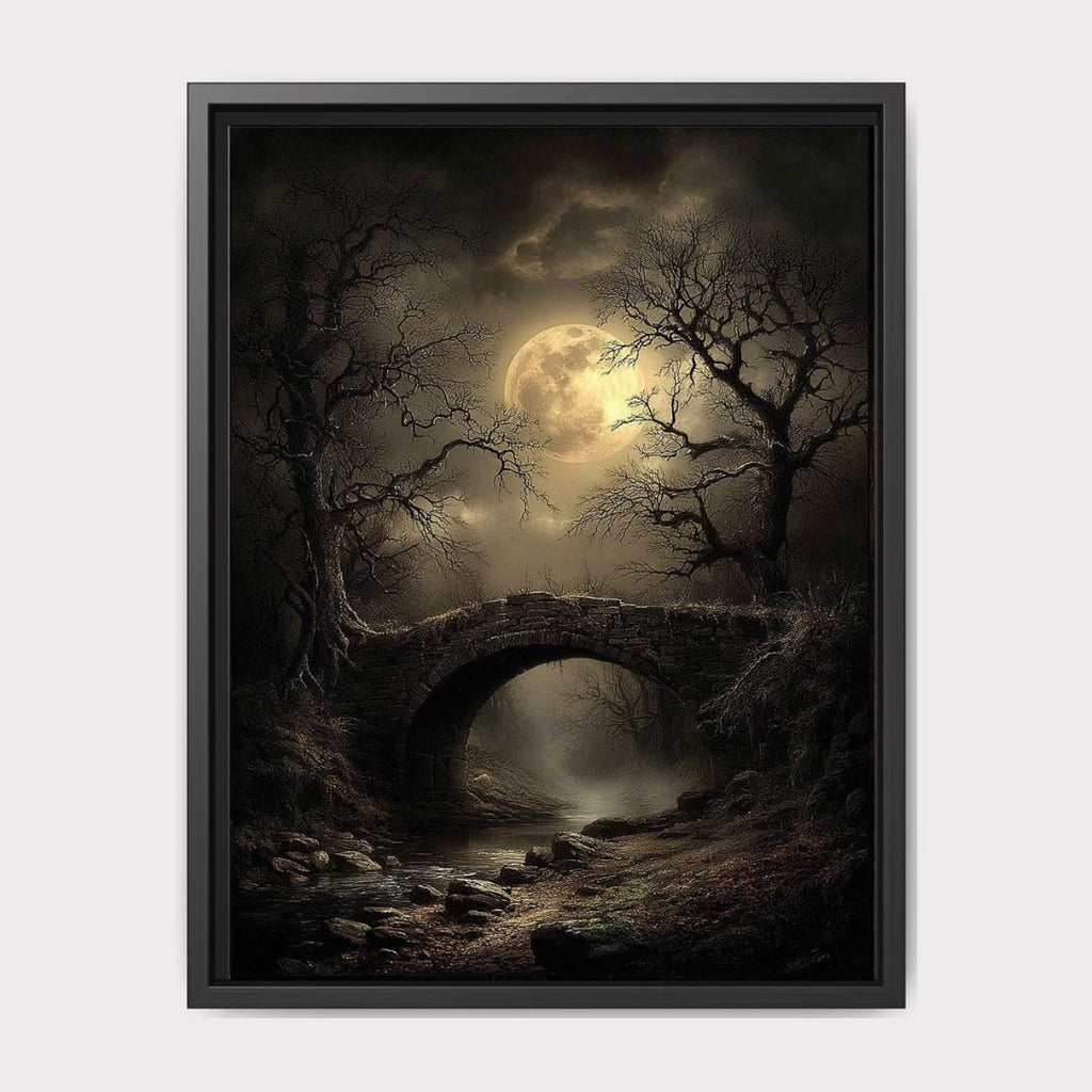 Moonlit Bridge Art Print Full Moon Dark Forest Misty Landscape, Spooky Creepy Haunted Painting