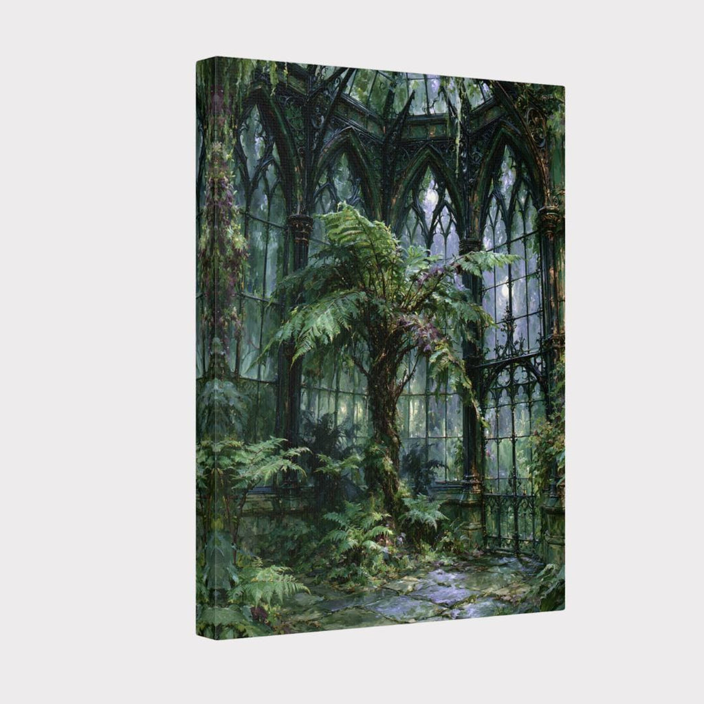 Victorian Conservatory Wall Art, Fernery Print, Enchanted Greenhouse Painting, Dark Botanical Canvas Artwork