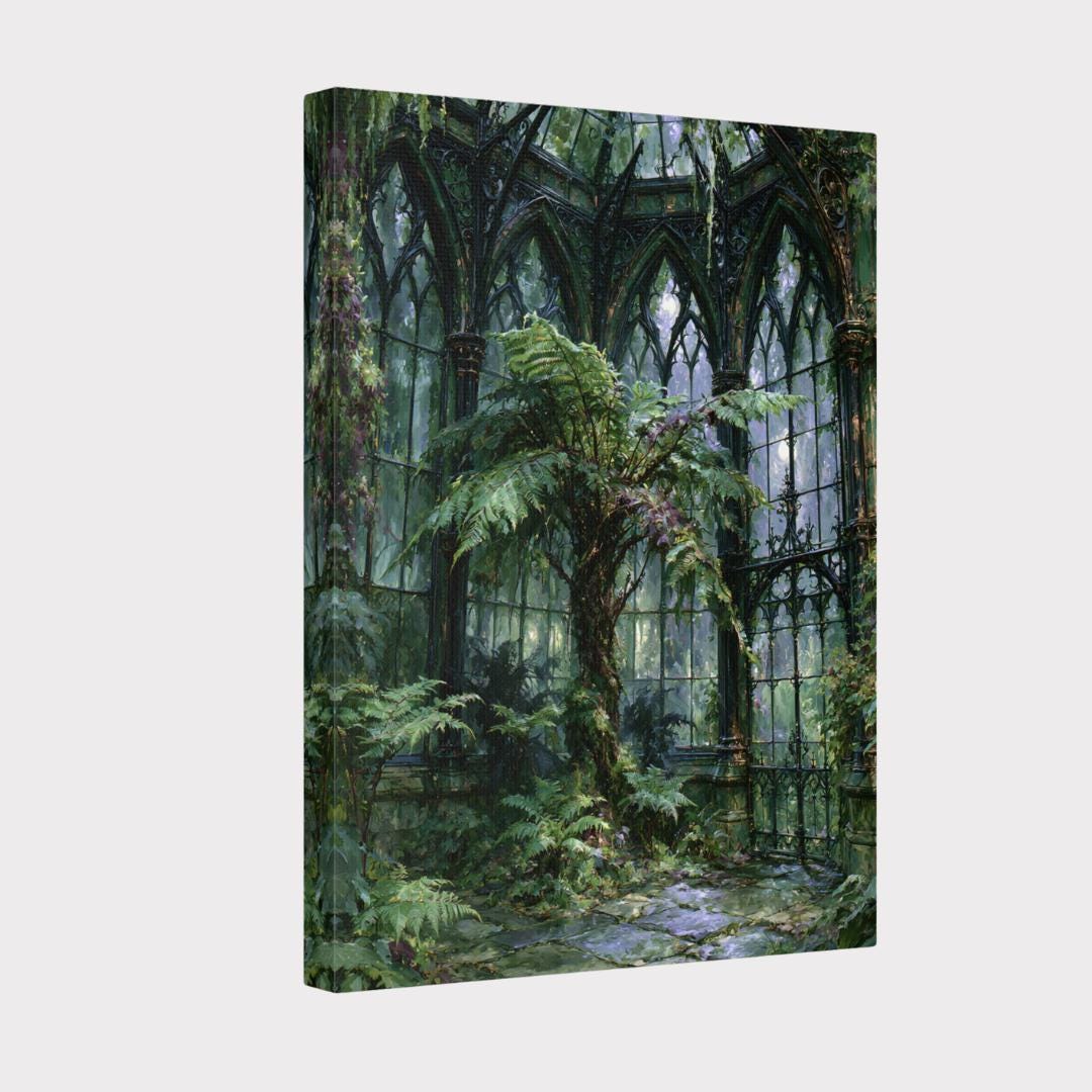 Victorian Conservatory Wall Art, Fernery Print, Enchanted Greenhouse Painting, Dark Botanical Canvas Artwork