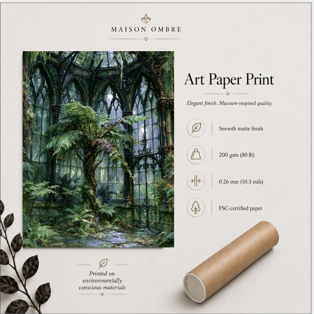 Victorian Conservatory Wall Art, Fernery Print, Enchanted Greenhouse Painting, Dark Botanical Canvas Artwork