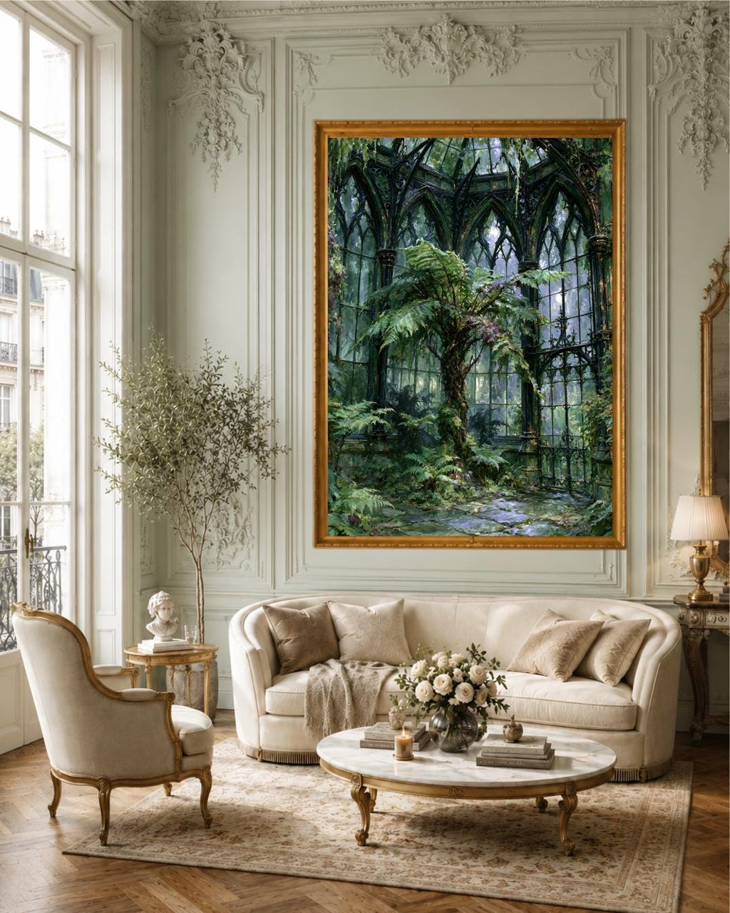 Victorian Conservatory Wall Art, Fernery Print, Enchanted Greenhouse Painting, Dark Botanical Canvas Artwork