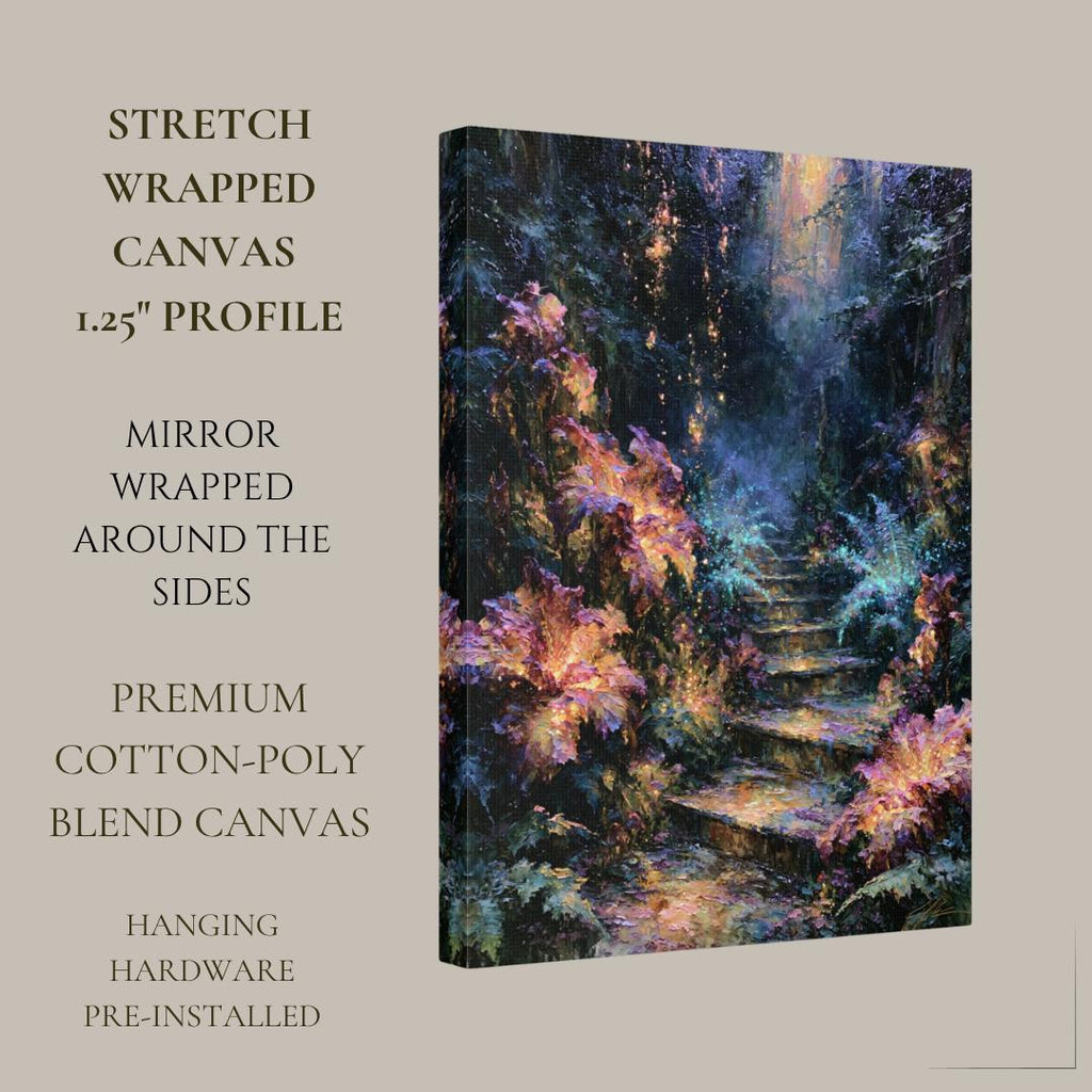 Forest Stairway Wall Art, Magical Woodland Print, Glowing Fern Painting, Fantasy Nature Decor Artwork