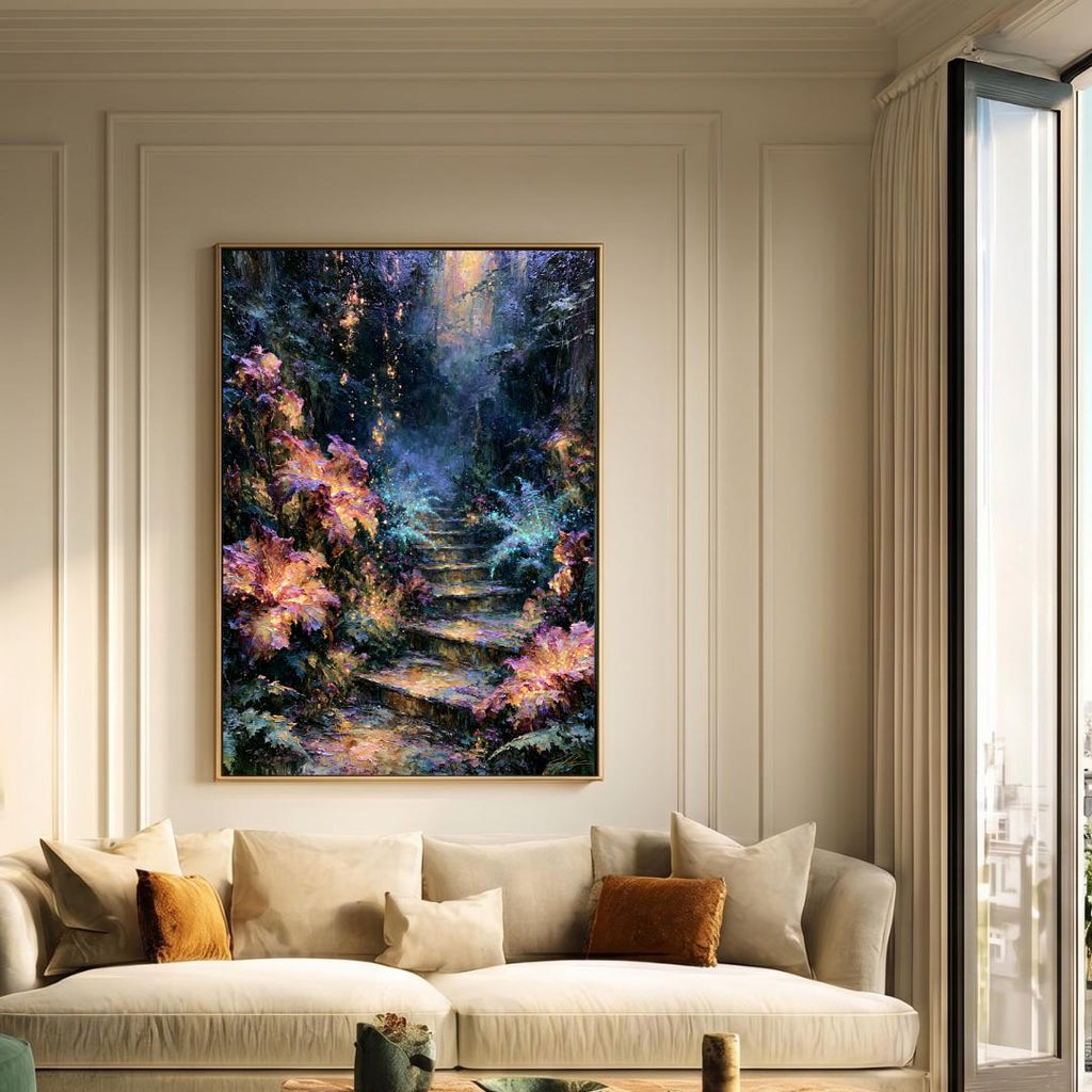 Forest Stairway Wall Art, Magical Woodland Print, Glowing Fern Painting, Fantasy Nature Decor Artwork