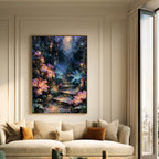 Forest Stairway Wall Art, Magical Woodland Print, Glowing Fern Painting, Fantasy Nature Decor Artwork