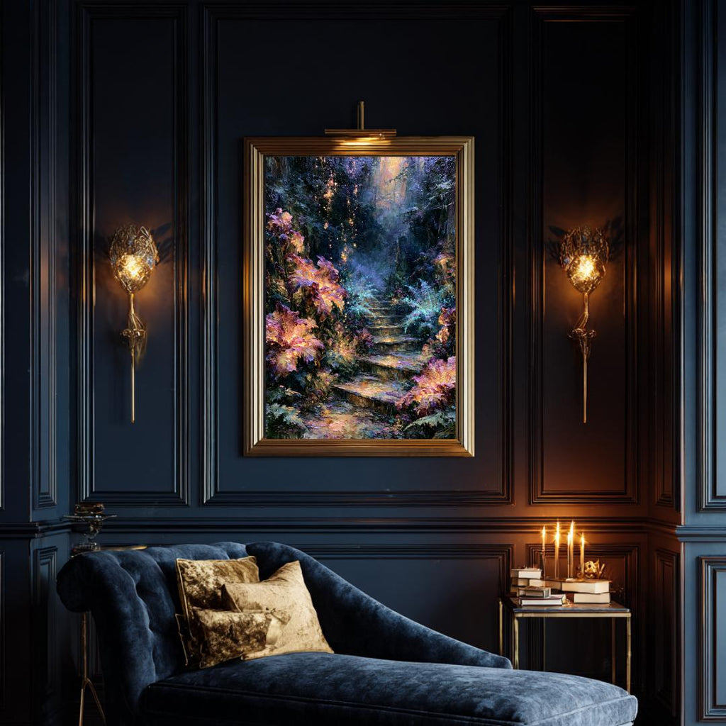 Forest Stairway Wall Art, Magical Woodland Print, Glowing Fern Painting, Fantasy Nature Decor Artwork