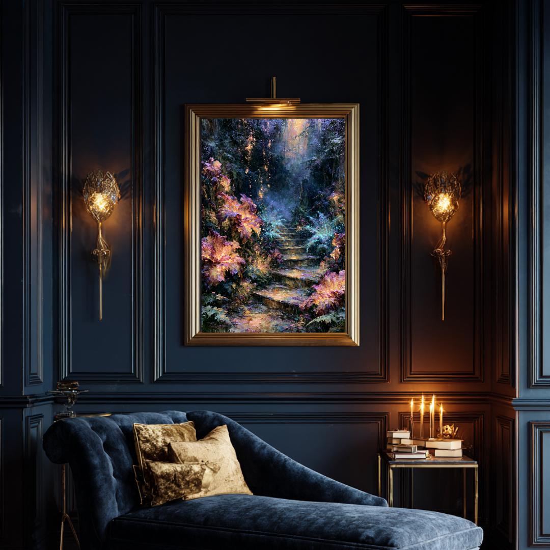 Forest Stairway Wall Art, Magical Woodland Print, Glowing Fern Painting, Fantasy Nature Decor Artwork