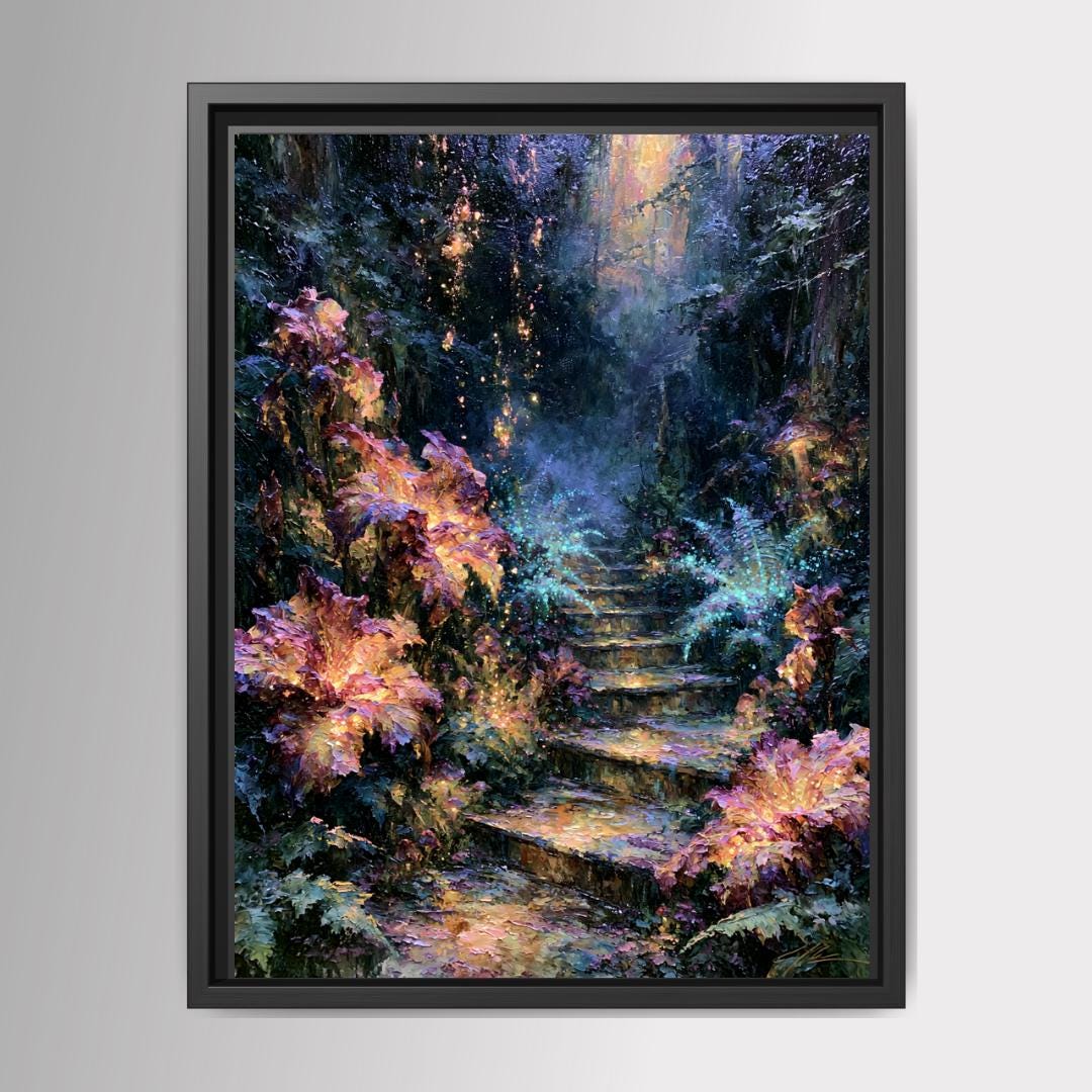Forest Stairway Wall Art, Magical Woodland Print, Glowing Fern Painting, Fantasy Nature Decor Artwork Main image