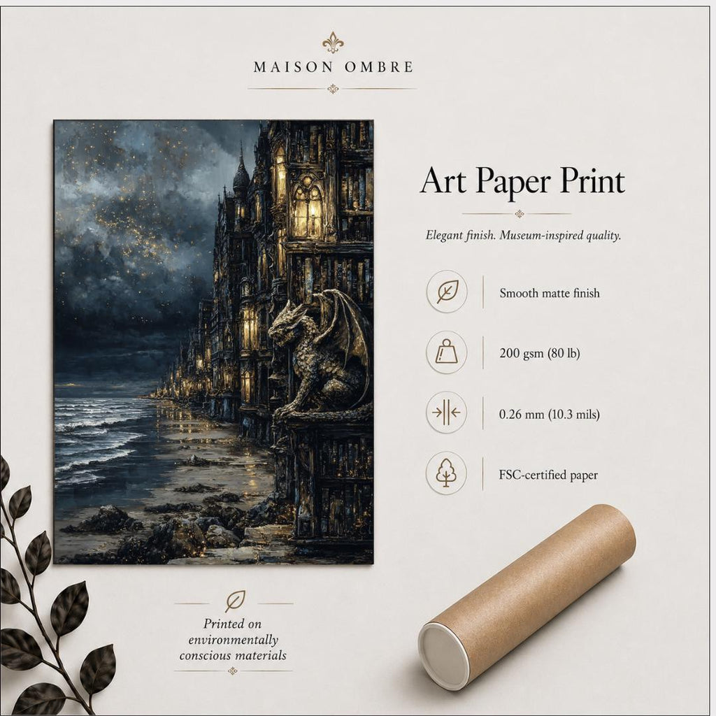 Gargoyle Wall Art, Gothic Coastal Buildings, Atmospheric Ocean Print, Dark Fantasy Seascape Decor