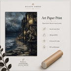Gargoyle Wall Art, Gothic Coastal Buildings, Atmospheric Ocean Print, Dark Fantasy Seascape Decor