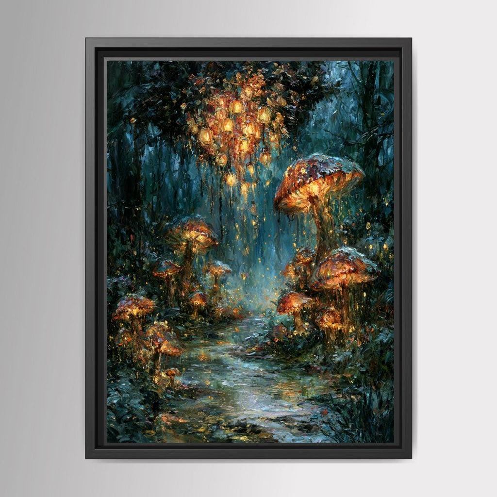Mushroom Forest Wall Art, Glowing Toadstool Print, Magical Woodland Painting, Dark Fantasy Artwork