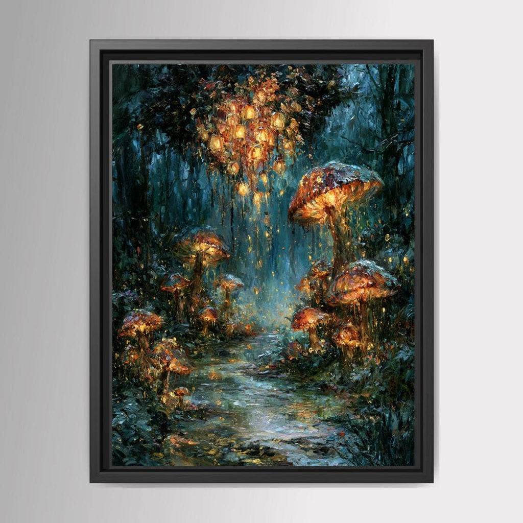 Mushroom Forest Wall Art, Glowing Toadstool Print, Magical Woodland Painting, Dark Fantasy Artwork