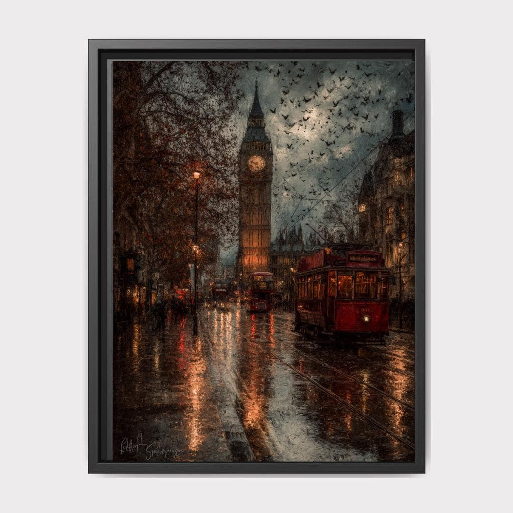 London Big Ben Art Print Rainy City Street with Red Bus, Autumn Night Scene