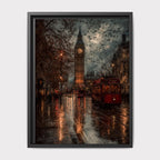 London Big Ben Art Print Rainy City Street with Red Bus, Autumn Night Scene